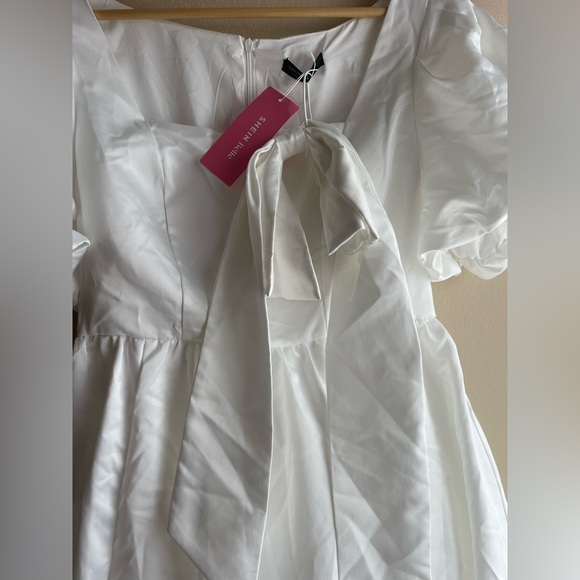 New Shein Curve Women White Puff Sleeve Square Neck Mid Dress Size 1X - Picture 5 of 12